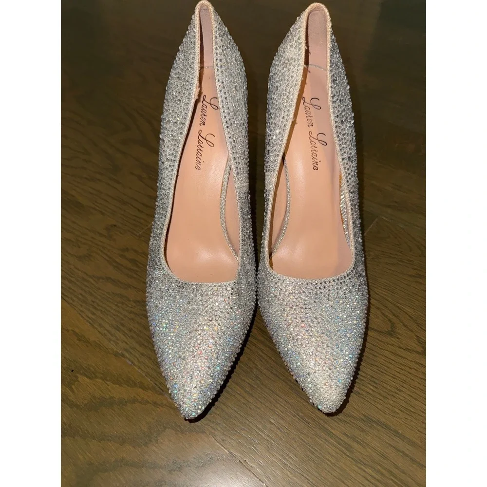 Lauren Lorraine Silver Rhinestone Pointed Toe Pumps Stiletto Heels Womens 8.5